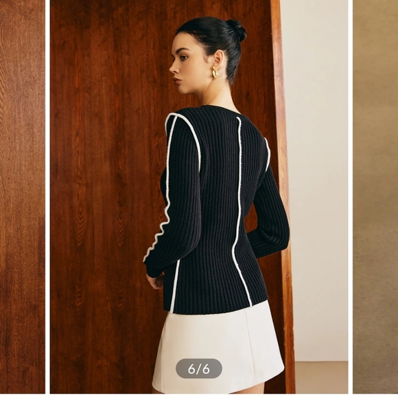 Brand New Commense Black Contrast Piping Ribbed Long Sleeve Top Sweater Wmn's L - Picture 2 of 6